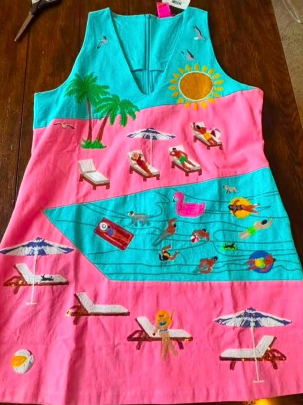 QUEEN OF SPARKLES Turquoise & Pink Beach Scene Tank Dress
